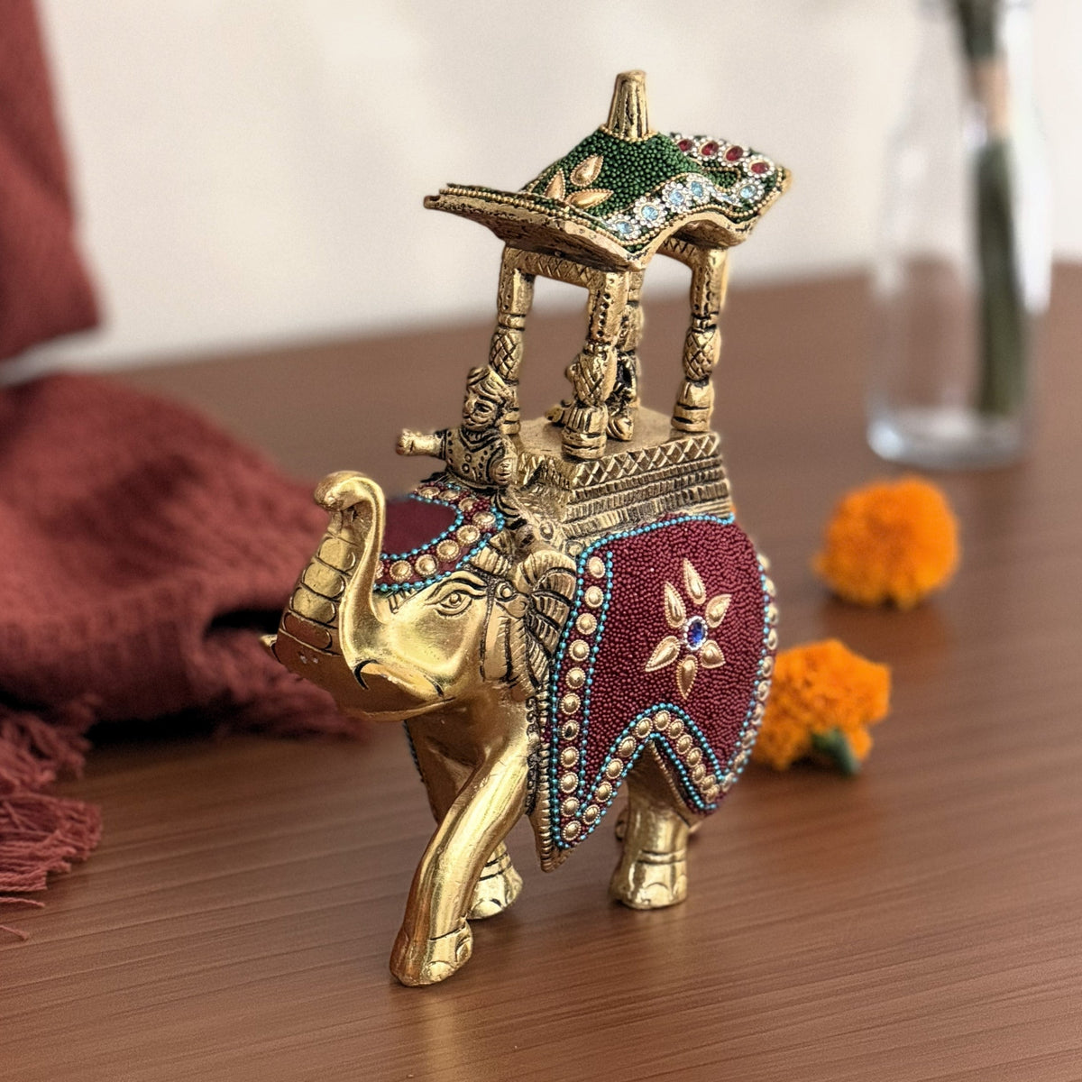 Royal Beaded Elephant Showpiece | Golden Metal Howdah Figurine | Auspicious Vastu Decor