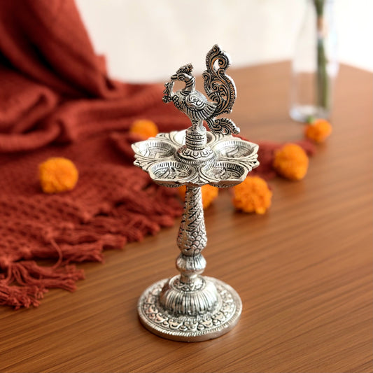 Peacock Diya | Mayur Deepam | Silver Finish Lamp