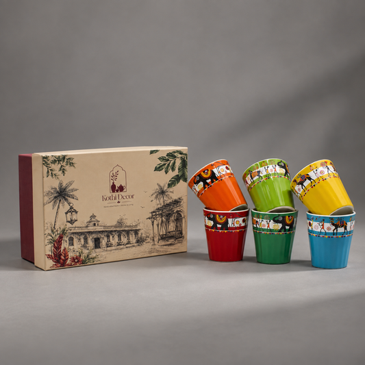 Colorful Folk Art Mugs | Ceramic Tribal Print Cups | Traditional Chai Cup Set