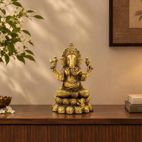 Brass Ganesh Idol - Big Lotus Throne Statue for Home Décor