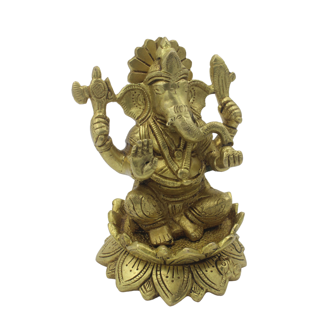 Brass Ganesha Idol, Seated Ganapati Statue, Lotus Base Murti