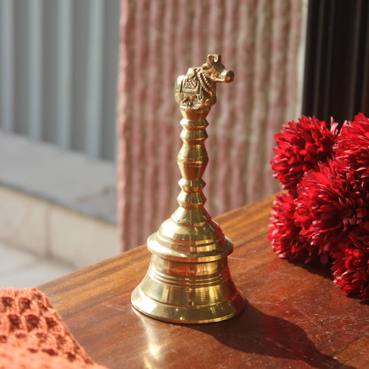 Brass Nandi Ghanti, Traditional Shiva Pooja Bell, Heavy Mandir Handbell (Approx 14 cm tall)