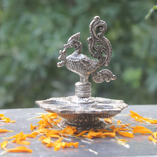 Silver Peacock Diya | Five Wick Oil Lamp | Mayur Deepam