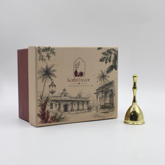 Brass Hand Bell for Mandir, Sleek Aarti Ghanti, Festive Pooja Decor (Approx 9 cms tall)
