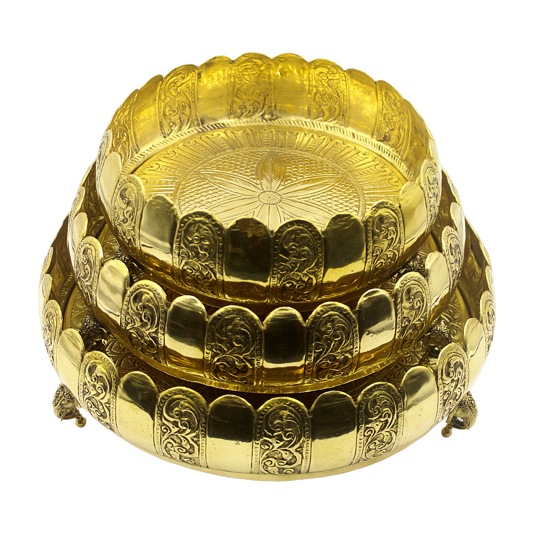 Brass Urli Set of 3 | Traditional Engraved Floating Diya Bowls | Festive Home Decor