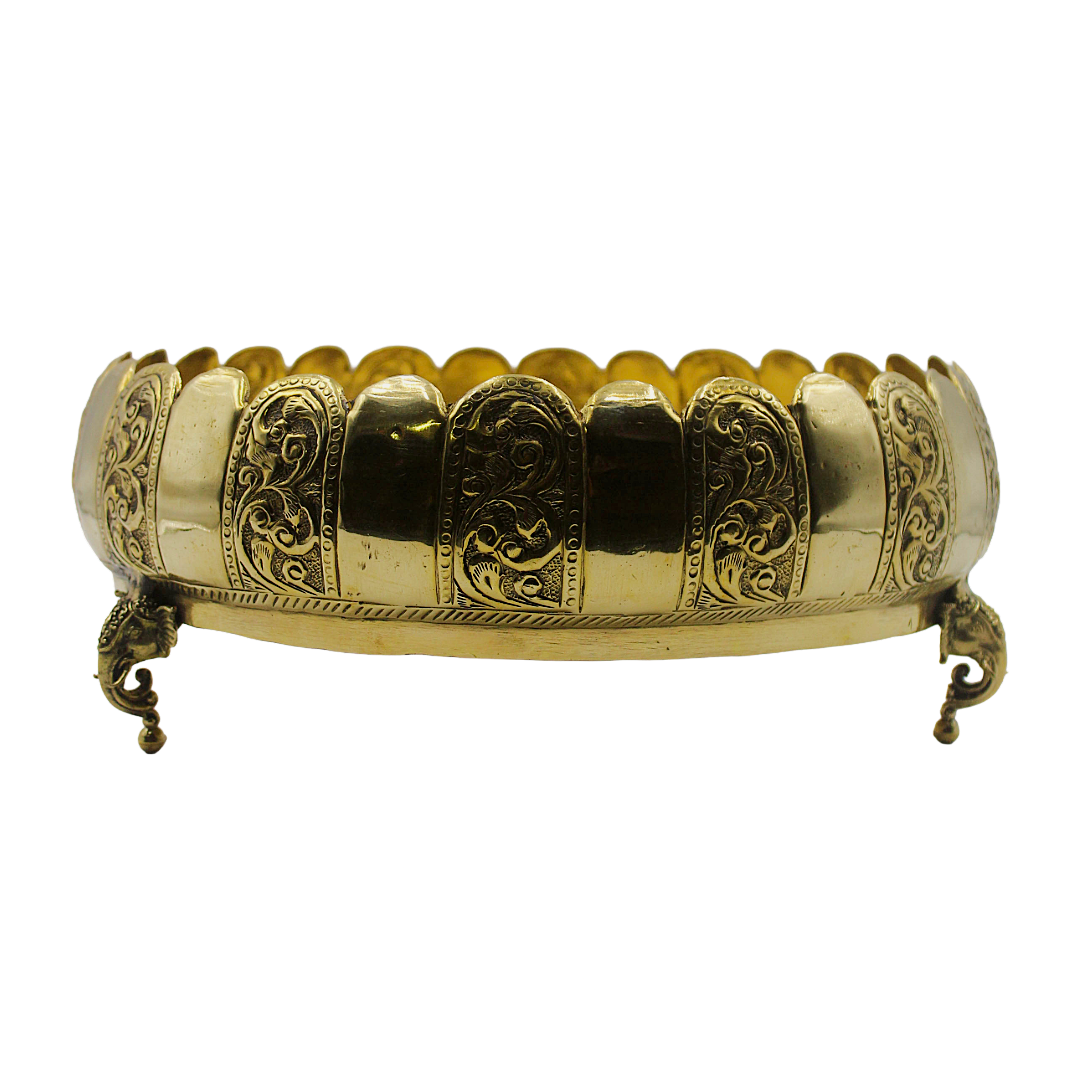 Engraved Urli Bowl | Decorative Water Vessel | Elephant Stand Urli