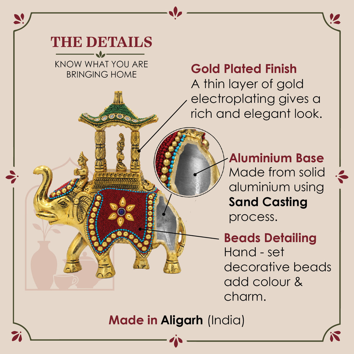 Royal Beaded Elephant Showpiece – Golden Metal Howdah Figurine