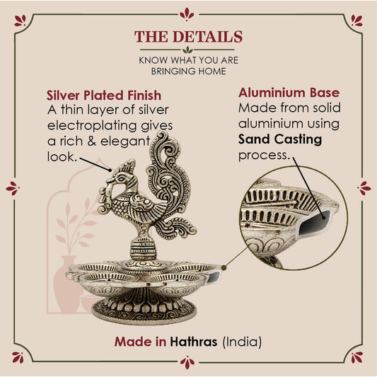 Silver Peacock Diya | Five Wick Oil Lamp | Mayur Deepam