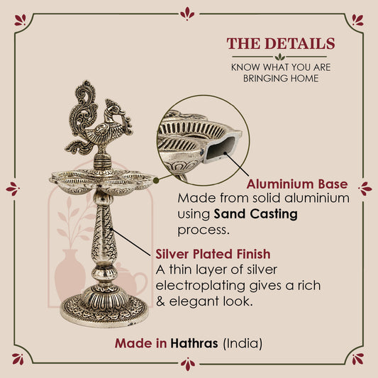 Peacock Diya | Mayur Deepam | Silver Finish Lamp