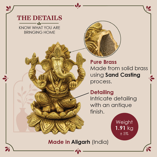 Brass Ganesha Idol, Seated Ganapati Statue, Lotus Base Murti (Approx 14 cms tall)