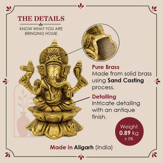 Brass Ganesha Idol, Seated Ganapati Murti, Lotus Base Figurine (11.5 cm tall)