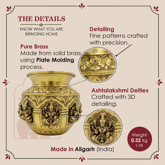 Brass Ashtalakshmi Lota | Small Engraved Pooja Kalash | Vastu Mandir Pot (Approx 500 ml)