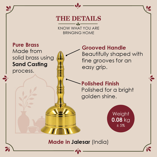 Brass Pooja Bell, Traditional Hand Ghanti, Spiritual Mandir Accessories (Approx 10.2 cms tall)