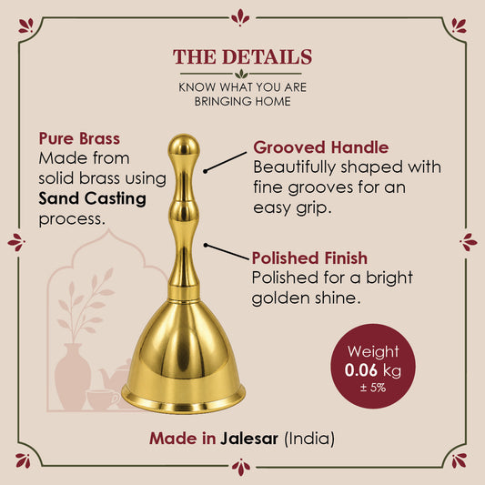 Brass Hand Bell for Mandir, Sleek Aarti Ghanti, Festive Pooja Decor (Approx 9 cms tall)