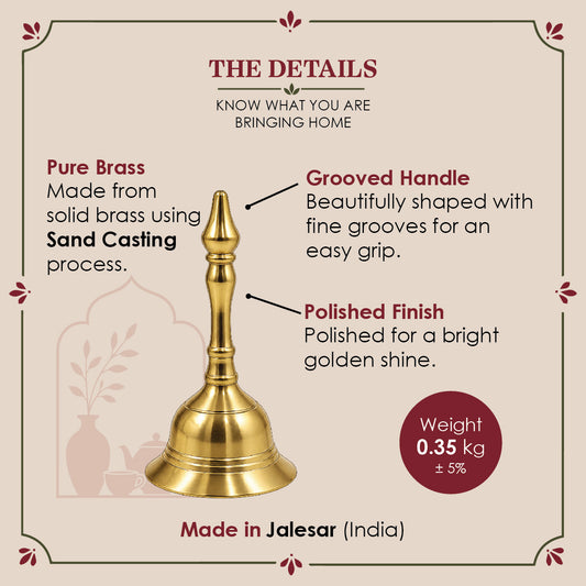 Brass Kalash Ghanti | Traditional Pooja Bell | Heavy Mandir Hand Bell (Approx 13 cms tall)