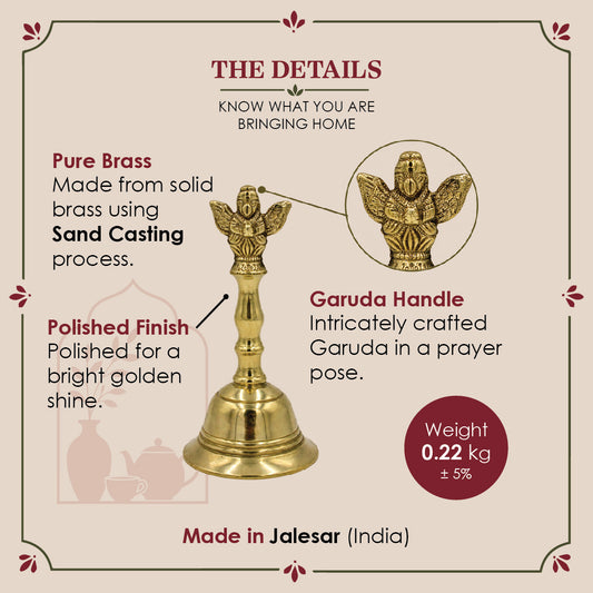 Brass Garuda Ghanti, Traditional Pooja Bell, Vishnu Mandir Accessories (Approx 14 cms tall)