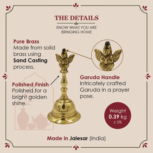 Large Brass Garuda Bell, Heavy Aarti Ghanti, Vaishnava Mandir Decor (Approx 16.5 cms tall)