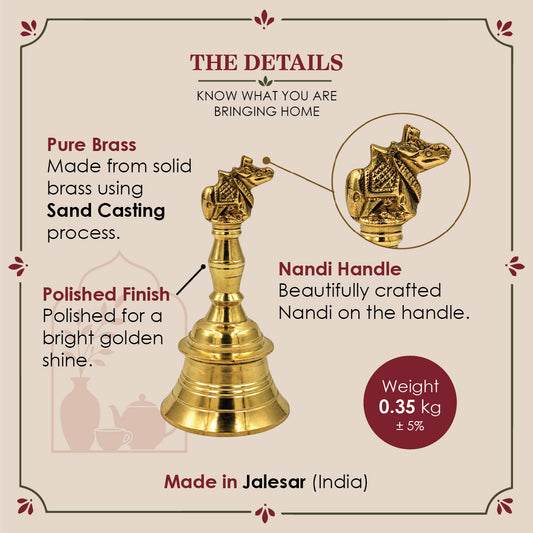 Brass Nandi Ghanti, Traditional Shiva Pooja Bell, Heavy Mandir Handbell (Approx 14 cm tall)