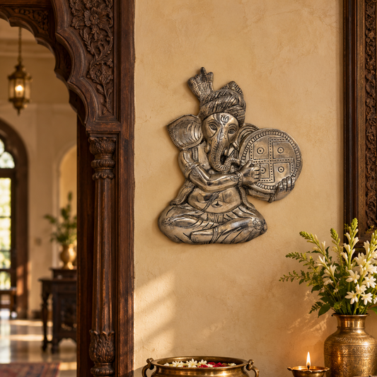 Silver Finish Ganesha Wall Decor | Swastika Drum Ganapati Art | Vastu Home Accent