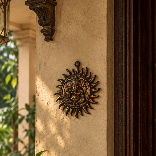 Antique Sun Ganesha Wall Decor | Surya Ganapati Metal Art | Vastu Wall Hanging