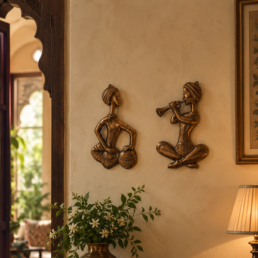 Antique Tribal Musician Wall Decor | Copper Finish Art Pair | Cultural Home Accents