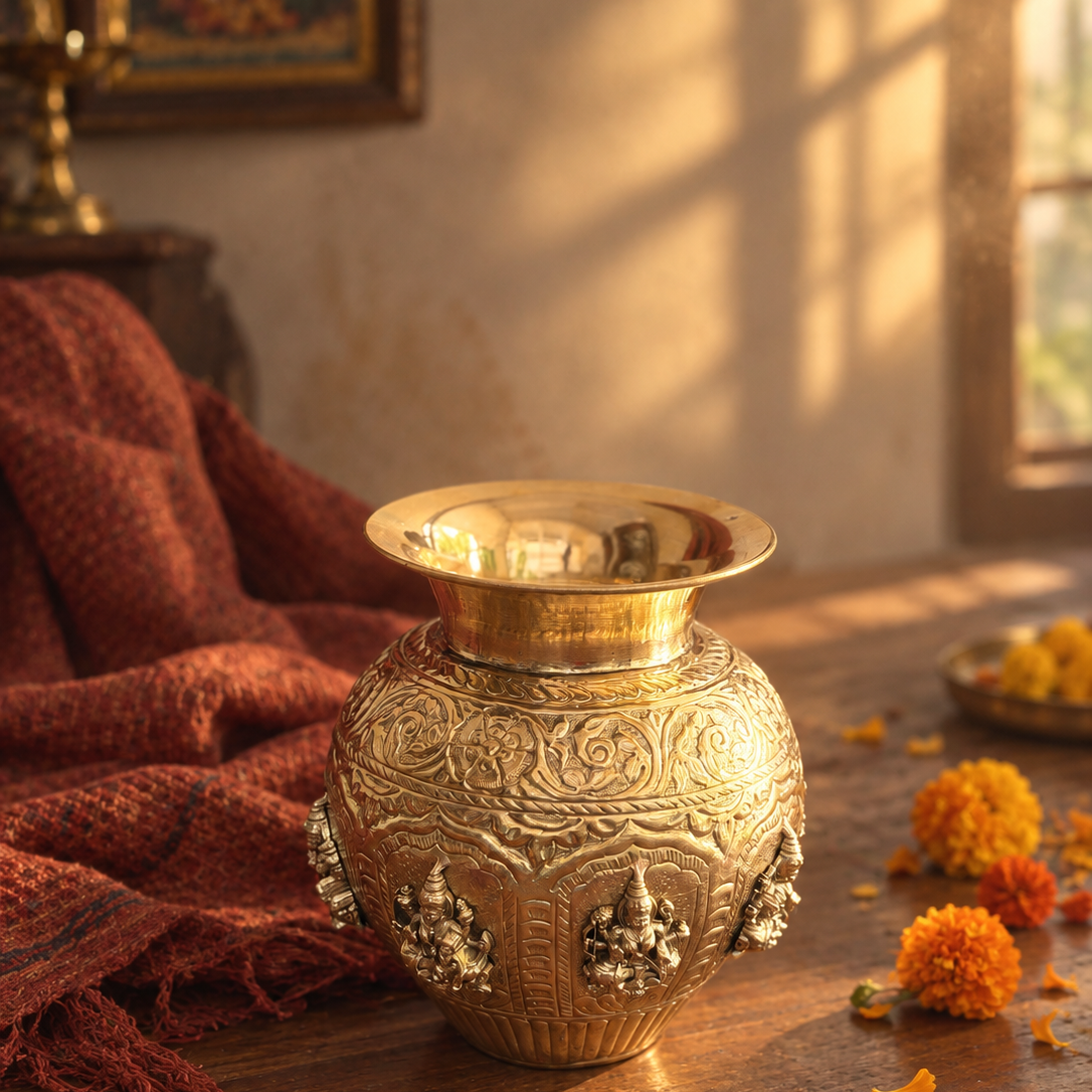 An ornate brass pot with intricate carvings and deity motifs, styled on a wooden table next to a rust-red throw blanket with marigold flowers scattered on a table in a warm, sunlit room.