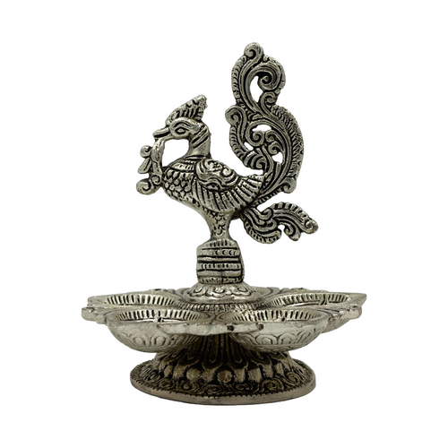 Silver Peacock Diya | Five Wick Oil Lamp | Mayur Deepam