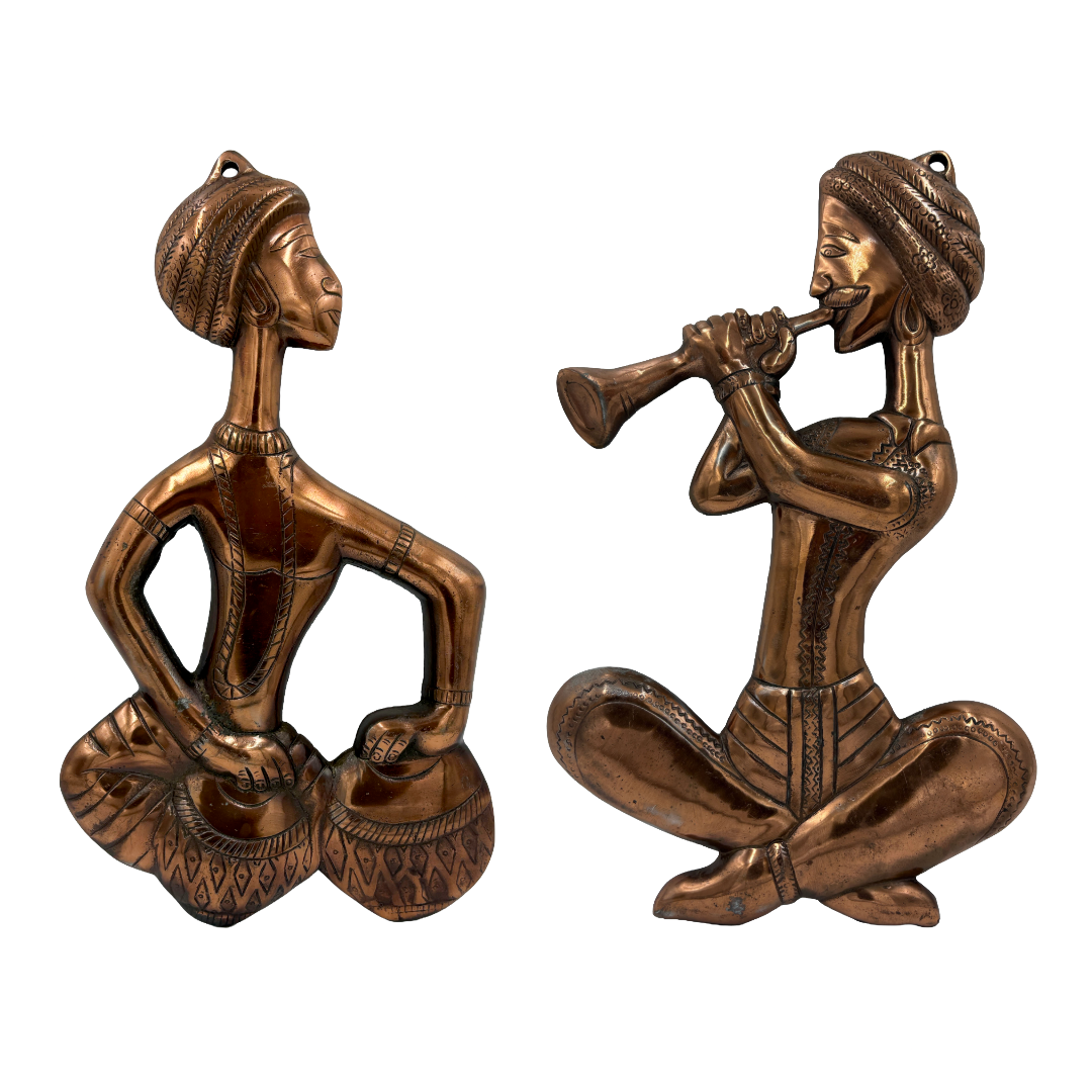 Antique Tribal Musician Wall Decor | Copper Finish Art Pair | Cultural Home Accents