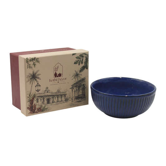 Deep Blue Ribbed Ceramic Bowl | Linear Texture Serving Bowl | Elegant Kitchenware