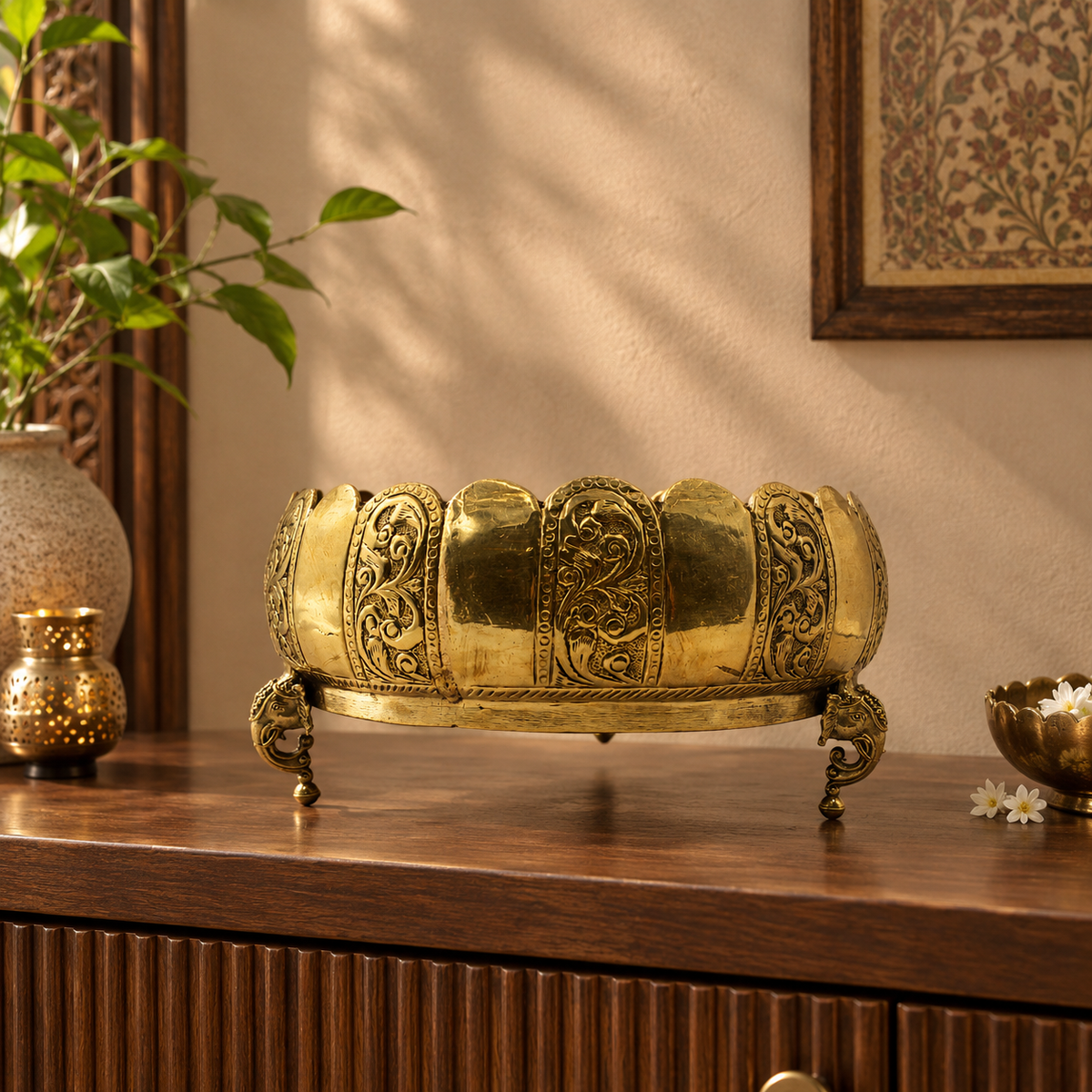 Engraved Urli Bowl | Decorative Water Vessel | Elephant Stand Urli