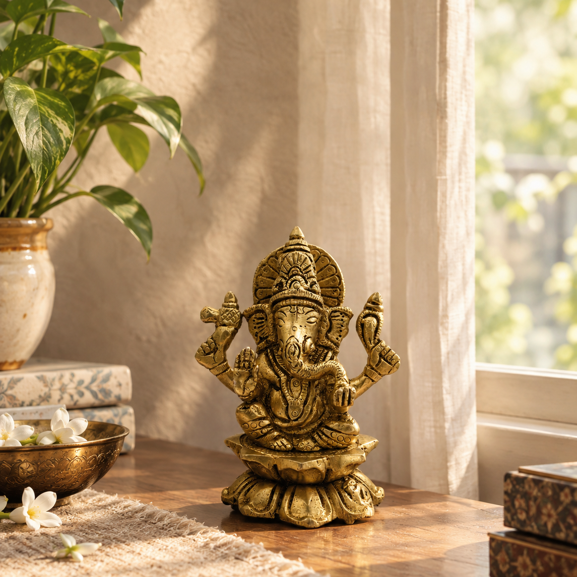 Small Brass Ganesha Idol, Seated Ganapati Murti, Lotus Base Figurine