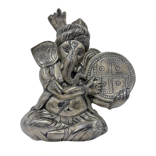 Silver Finish Ganesha Wall Decor | Swastika Drum Ganapati Art | Vastu Home Accent