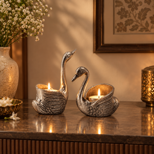 Swan Candle Holder | Silver Tea Light Holder | Couple Swan Showpiece