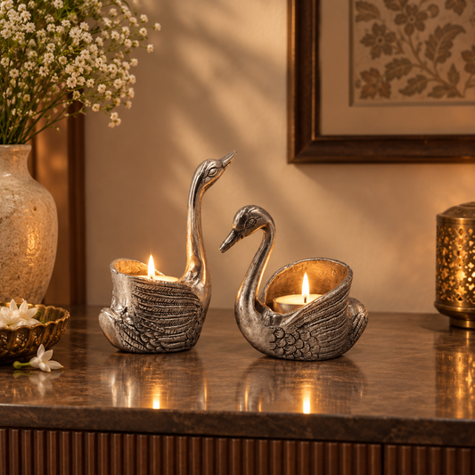 Swan Candle Holder | Silver Tea Light Holder | Couple Swan Showpiece